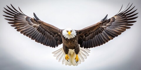 Fototapeta premium Bald Eagle in Flight - Wings Spread Wide, White Background , Eagle, Bird, Feathers , Wildlife