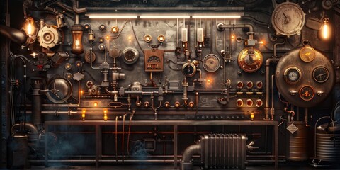 An industrial wall filled with vintage machinery, gauges, and pipes, illuminated by soft glowing lights, showcasing intricate details.