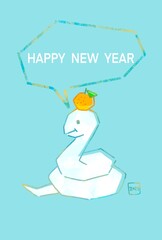 2025年　鏡餅みたいなヘビのイラストのおしゃれな年賀状　巳年