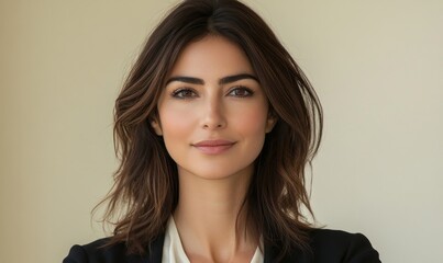 Fototapeta premium Middle Eastern woman in 30s, brown hair, cream background, Generative AI