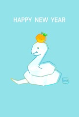 2025年　鏡餅みたいなヘビのイラストのおしゃれな年賀状　巳年