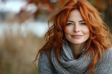 Naklejka premium Mature beautiful woman with red hair, Generative AI