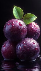 Fresh, juicy plums adorned with dew drops, showcasing vibrant colors and lush leaves against a sleek dark background.