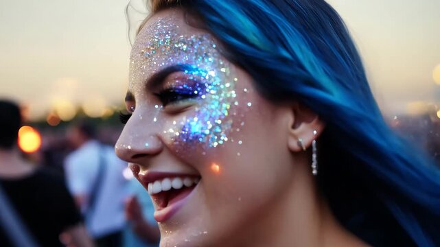 Blue-haired woman with glitter face paint enjoying a lively music festival