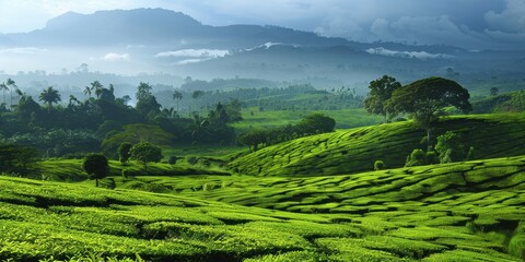 Fototapeta premium Breathtaking view of lush green tea plantation hills under a cloudy sky, showcasing the beauty of nature and tranquility.