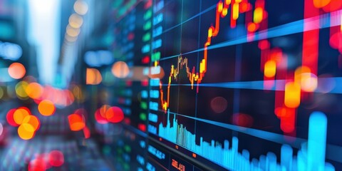 Close-up of a stock market chart displaying fluctuating trends, capturing the dynamic nature of financial investment activities.
