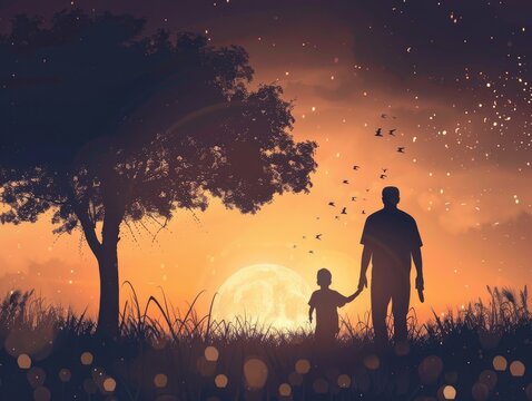 Father's day sunset scene with father and child silhouette in nature