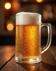 A frosty glass of golden beer with a foamy head sits on a wooden table, illuminated by warm, soft lighting in a cozy, inviting atmosphere.