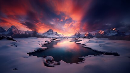 A serene mountain lake in the snow with a vibrant orange and red sunset sky behind.