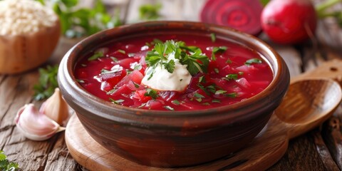 Delicious and vibrant beetroot soup topped with creamy garnish and fresh herbs, served in a rustic bowl on wooden table.