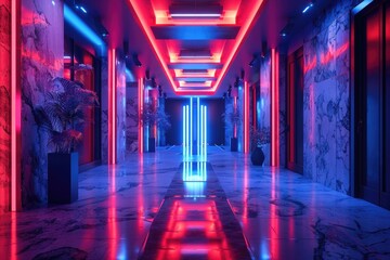 Long corridor lit by bright red and blue lights