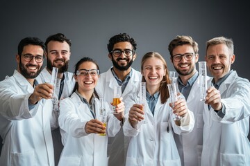 group photo of research scientists wearing a white coat and jokingly showing chemical laboratory test tubes in their hands, Generative AI