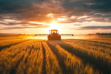 Fototapeta premium Tractor spraying pesticides on soybean field with sprayer at spring