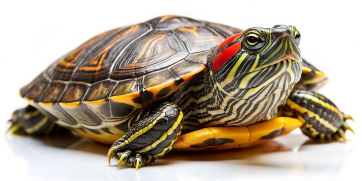 Close-Up of a Red-Eared Slider Turtle with Vibrant Shell Patterns, Isolated on White Background, Reptile, Turtle, Pet, Wildlife,