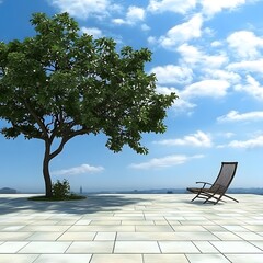 Green Tree with a Chair in Front of a Cloudy Sky