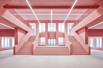Obraz premium Minimalist Pink Interior Design of Staircase with Windows and Lights