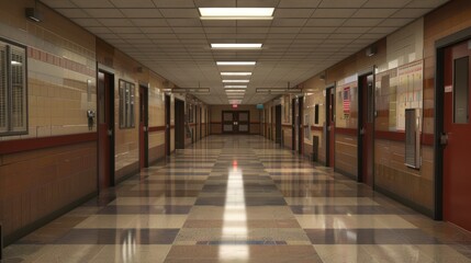 Empty School Hallway with Tiled Walls and Checkerboard Floor