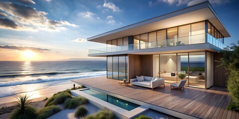 Fototapeta premium Modern beach house with stunning sea view, rendering, beach, living, sea view, ocean, view, modern, house, home, architecture