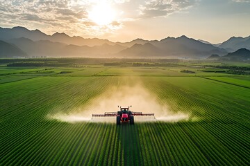 Fototapeta premium Tractor spraying pesticides on soybean field with sprayer at spring