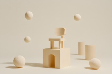 Minimalist 3D Render of Wooden Chair and Spheres