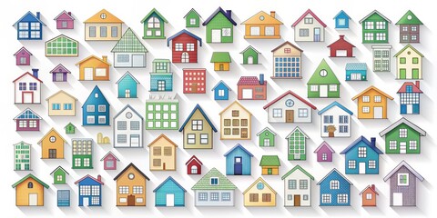 Colorful Hand Drawn Houses with Long Shadows, house , home , real estate , illustration