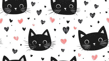 Fototapeta premium A whimsical seamless pattern featuring adorable black cat faces surrounded by hearts, perfect for cat lovers and crafting projects