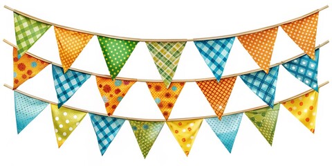 Colorful Triangular Bunting Flags with Patterned Fabric on White Background, celebration , party decor, decoration, festive