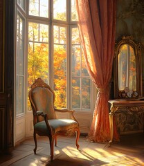 Fototapeta premium Autumn View Through a Window in a French Chateau