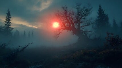 Foggy Forest with a Silhouetted Tree and a Red Sun