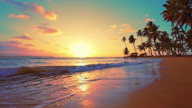 Palm sunset tropical beach for relaxing on paradise island. Bright orange sky background like exotic summer landscape with calm sea waves on the coast. Twilight on the beach.