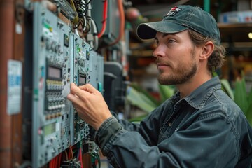 An engineer in a cap and work clothes adjusts a control panel in an industrial setting, meticulously ensuring all systems are functioning correctly.