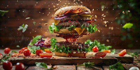 Burger Flying in the Air with Various Salad Varieties on a Wooden Board Sauce Splattering