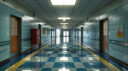 Empty Hospital Corridor with Tiled Walls and Checkered Floor