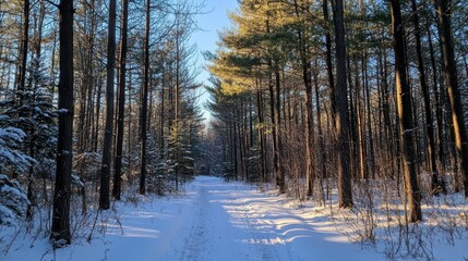 A serene winter pathway through a snow-covered forest, illuminated by sunlight.