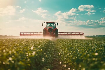 Obraz premium Farmer on a tractor with a sprayer makes fertilizer for young vegetables