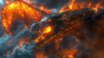"Inferno Unleashed: A Fiery Dragon Breathing Flames Amidst a Storm of Smoke and Ash"