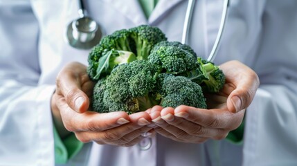 A doctor holds fresh broccoli to emphasize healthy eating. Nutrition is vital for wellness. This image showcases the importance of vegetables in our diet. Generative AI