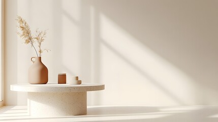 Minimalist Interior Design with Beige Coffee Table and Dried Flowers