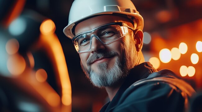 Portrait d'un ouvrier souriant, &acirc;g&eacute; de 40 ans avec une barbe, portant un casque et des lunettes de s&eacute;curit&eacute;, travaillant &agrave; l'int&eacute;rieur d'une usine sid&eacute;rurgique.
