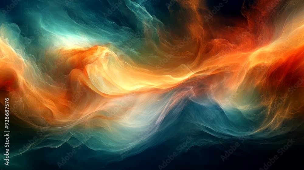 Wall mural Dynamic swirl of orange and blue light waves in a dark void creating a cosmic visual effect. Abstract cosmic energy concept. Seamless looping time-lapse video background.