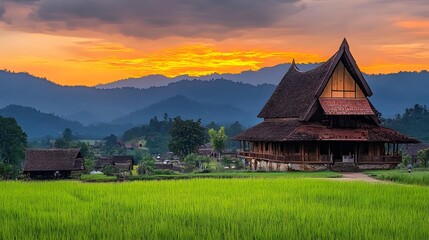 Fototapeta premium Traditional Wooden House in a Paddy Field at Sunset with Mountains in the Background