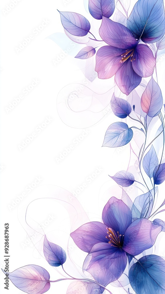 Poster A delicate floral design featuring purple flowers and leaves on a light background.