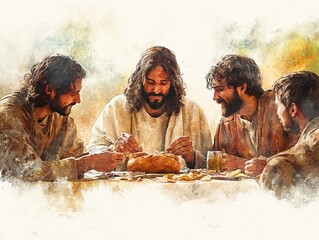 Jesus breaking bread with disciples, watercolor style with warm, earthy tones, symbolizing communion, belief
