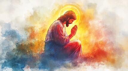 Fototapeta premium Jesus kneeling with hands clasped in prayer, surrounded by a radiant halo, watercolor style, spiritual devotion, calm tones