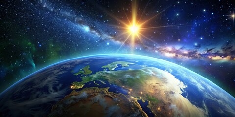 Fototapeta premium Earthrise Over Europe, Digital Painting, Planet Earth, Sun Rays, Milky Way, Earth , Europe