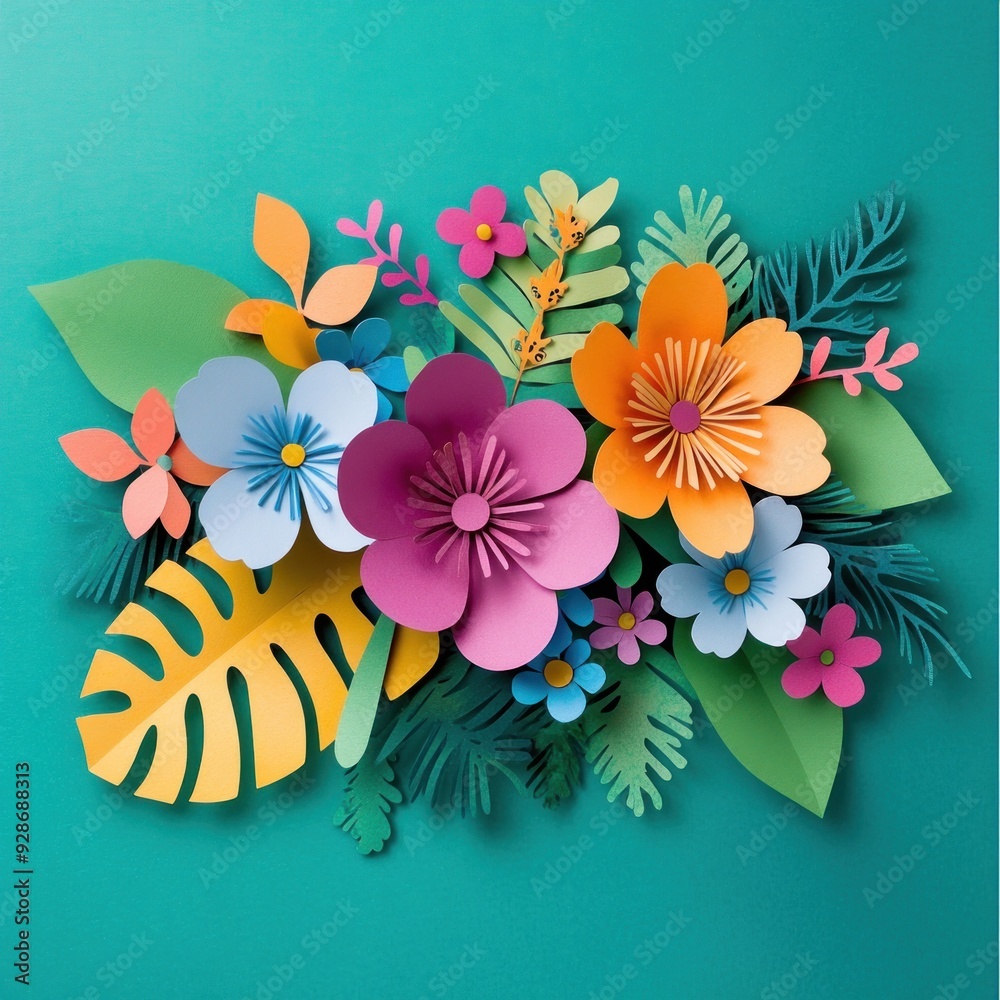 Sticker A vibrant arrangement of colorful paper flowers and leaves on a teal background.