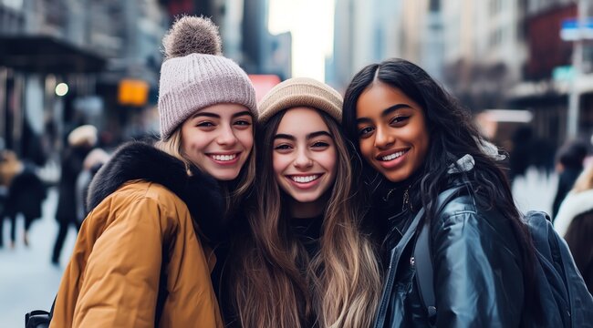 Trois belles jeunes filles &acirc;g&eacute;es de 16 ans, souriante dans les rues d'une grande ville avec des cheveux longs et portant des v&ecirc;tements d'hiver &agrave; la mode.