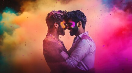 Deux hommes gays âgés de 25 ans s'embrassant au milieu d'une explosion de fumée colorée.