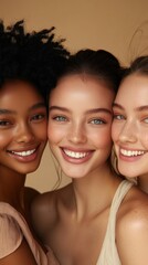 Fototapeta premium Diversity, beauty and natural with woman friends in studio on a beige background to promote skincare. Portrait, face and smile with a happy female and, Generative AI