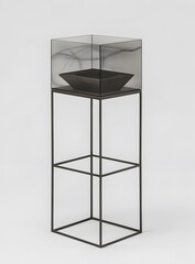 Naklejka premium Modern Minimalist Glass Box with Wooden Base on Metal Stand